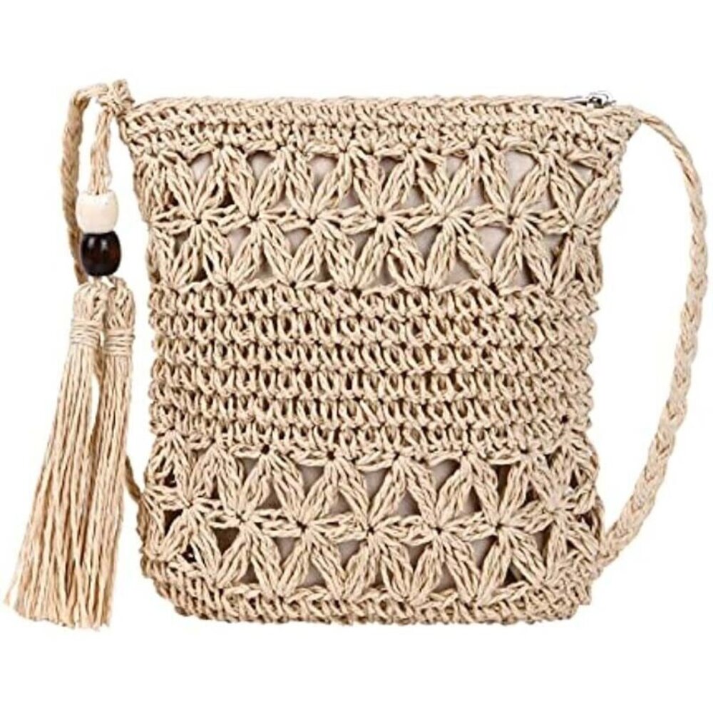 Beach Please Weaving Rattan Shoulder Bag Straw Tassel Beachy Crossbody, Beige